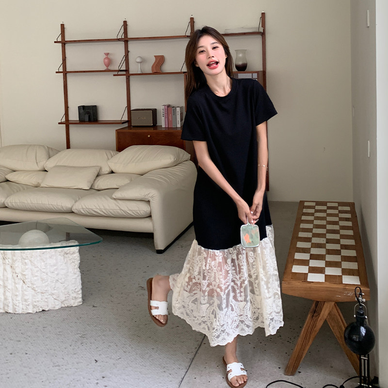 轻熟风韩系蕾丝拼接黑色连衣裙女夏季新款设计感休闲显瘦T恤裙,女装连衣裙,2C007