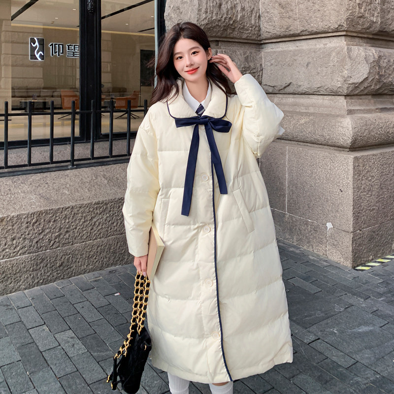 韩系中戏甜美减龄白鸭绒羽绒服女冬新款小个子长过膝加厚宽松外套,女装羽绒服,2C007