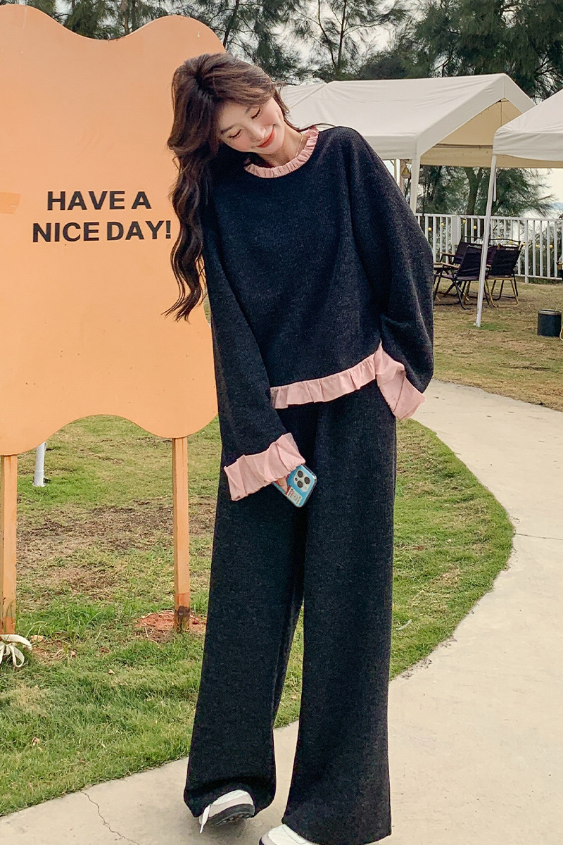 温柔系穿搭小香风套装裤女春秋2025新款松驰感ootd阔腿裤两件套,女装套装/套裙,2C007