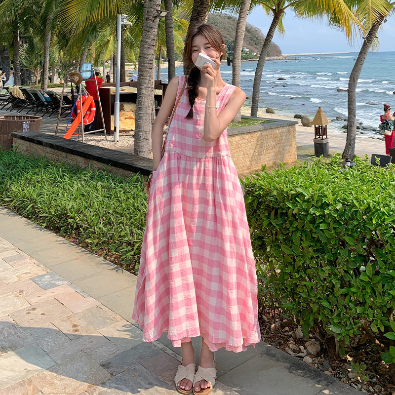 现货 设计感粉色格子连衣裙 756-P120-K178图片