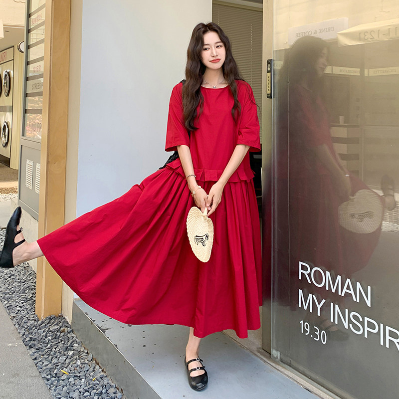 甜美复古浪漫风慵懒连衣裙女2025夏季日系简约花边拼接复古红长裙图片