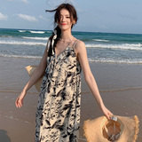 新中式国风水墨画碎花连衣裙女夏季2025新款设计感小个子吊带裙子，女装连衣裙，2C007