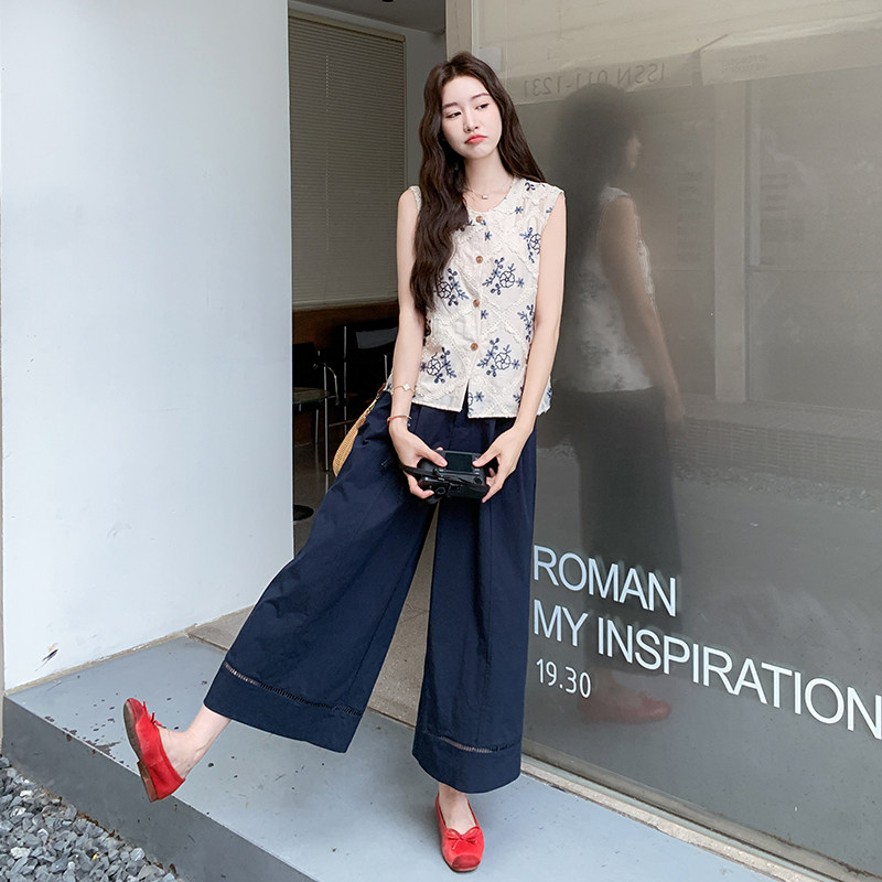 小清新刺绣花边菱格无袖背心套装女2025夏季新款高腰阔腿裤两件套,女装套装/套裙,2C007