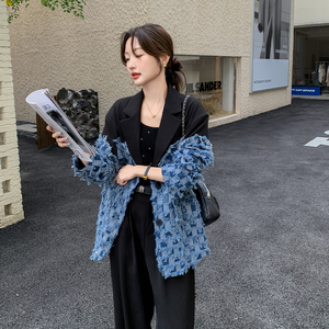 牛仔拼接西装外套女秋季2025新款气质小众高级感棋盘格流苏西服图片