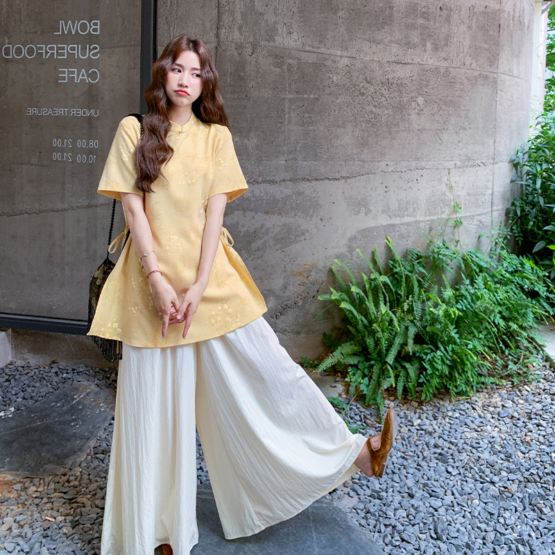 新中式文艺复古提花上衣两件套女2025夏季米白色宽松长裤日系套装图片