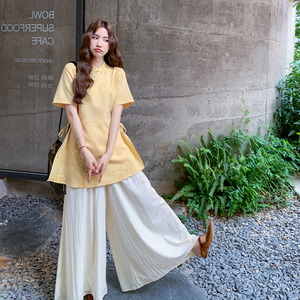 新中式文艺复古提花上衣两件套女2025夏季米白色宽松长裤日系套装图片
