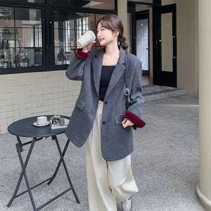 灰色韩版时尚毛呢西装女2025年秋冬季新款宽松气质高级感西服外套图片