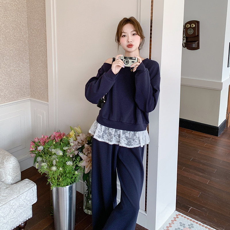 韩系蕾丝拼接斜肩卫衣套装女2025春季新款高级感宽松休闲两件套潮,女装套装/套裙,2C007