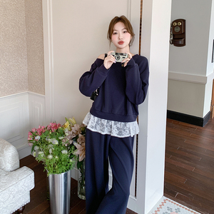 韩系蕾丝拼接斜肩卫衣套装女2025春季新款高级感宽松休闲两件套潮图片
