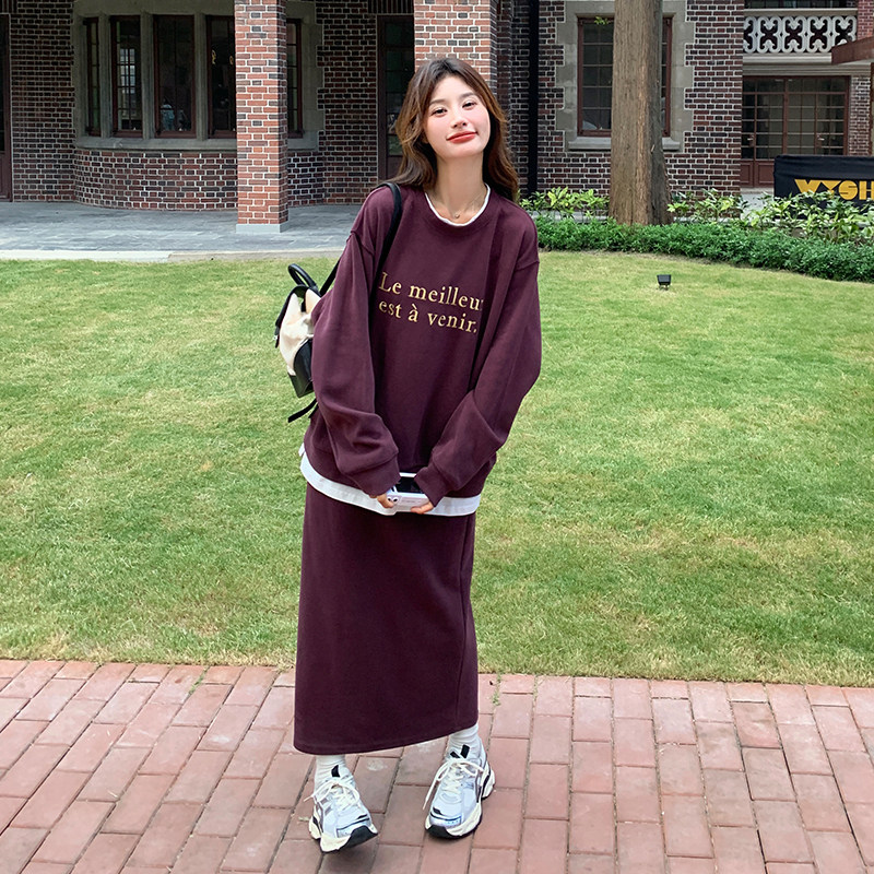 盐甜系穿搭卫衣套装长裙女秋季2025新款款学院风休闲一整套连衣裙,女装套装/套裙,2C007