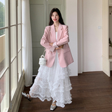 粉色西装裙女2025年春季新款韩系超好看甜美减龄蛋糕裙，女装西装，2C007