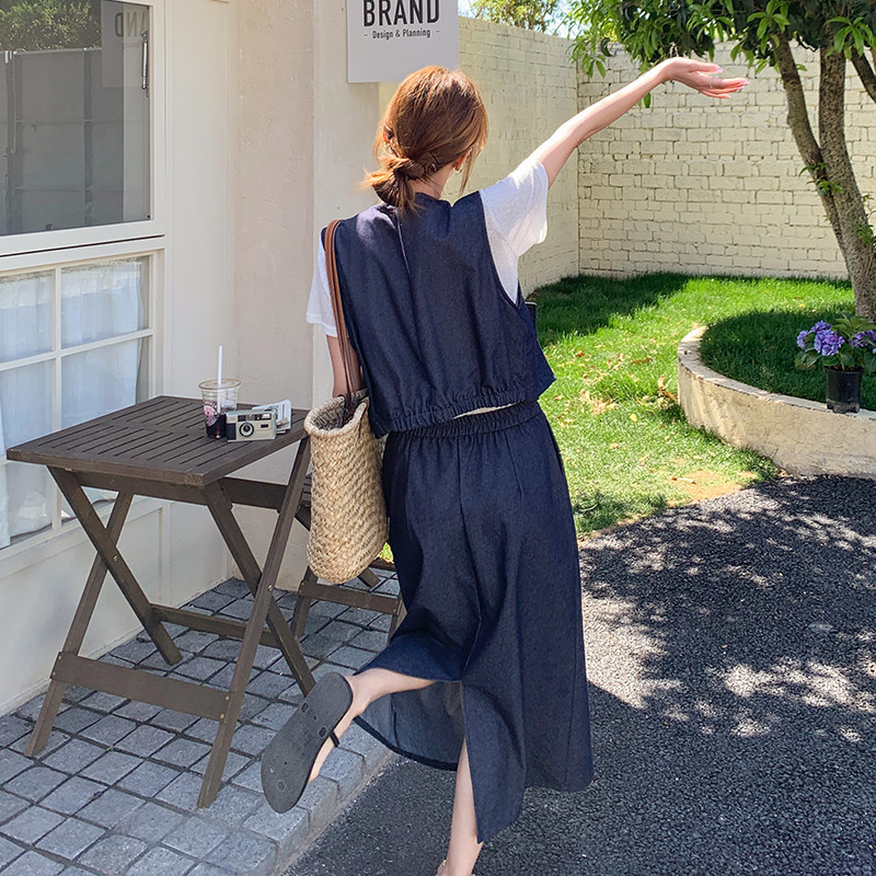高级感牛仔马甲半身裙三件套女2025夏季新款牛仔连衣裙穿搭一整套,女装套装/套裙,2C007