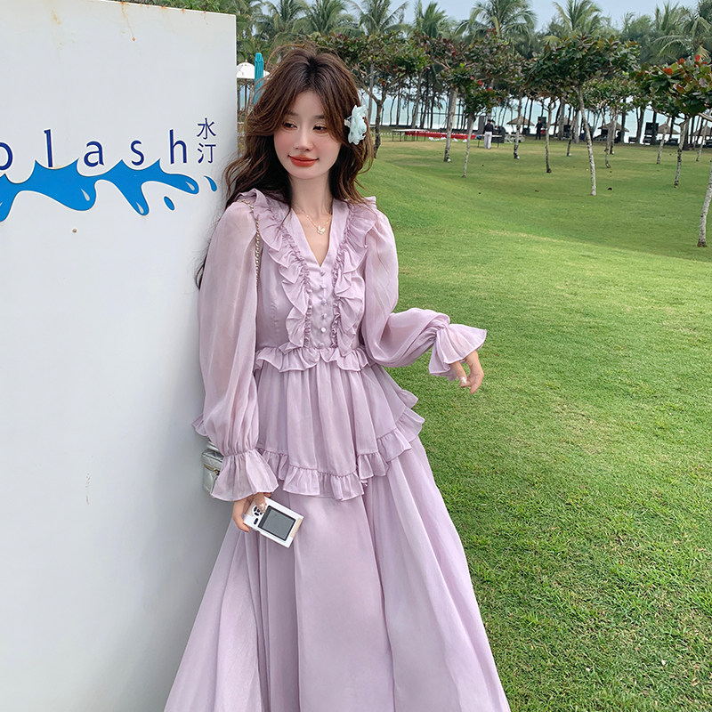 淡紫色荷叶边连衣裙女2025新款春季设计感减龄长袖百搭温柔风长裙,女装连衣裙,2C007