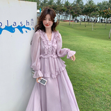 淡紫色荷叶边连衣裙女2025新款春季设计感减龄长袖百搭温柔风长裙，女装连衣裙，2C007