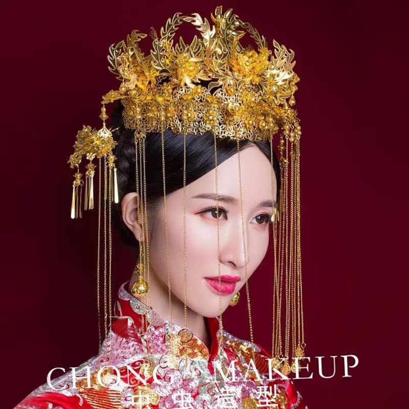 中式头饰新娘凤凰古装发饰秀禾服饰品结婚凤冠配饰旗袍流苏额饰