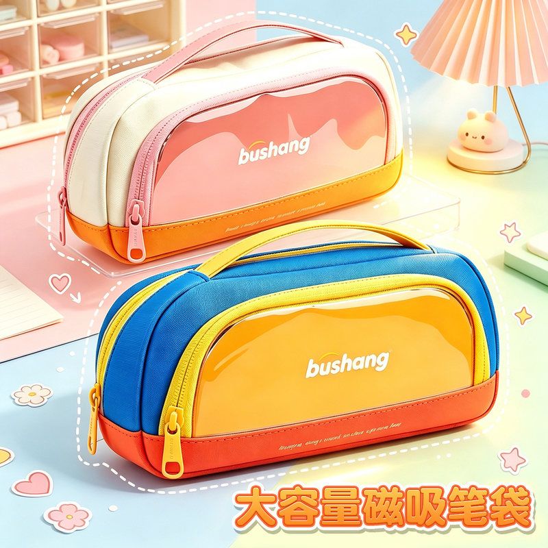 晨语磁吸笔袋防污防水撞色双层铅笔盒小学生用文具袋大容量可手提