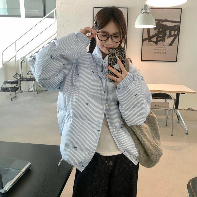 日韩vibe风条纹蝴蝶结棉服冬季新款百搭加厚保暖外套蓝色潮防寒女
