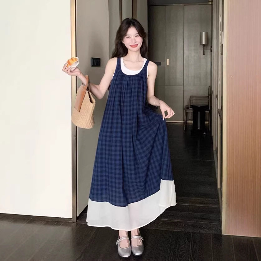 复古法式蓝色格子文艺风连衣裙森系甜美显瘦度假吊带背心长裙