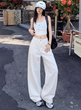 美式复古简约工装风廓形弯刀裤时尚百搭牛仔拖地裤女