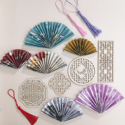 新中式国潮纸折扇蛋糕装饰木质屏风流苏古风甜品台装扮插件扇子 - 封面