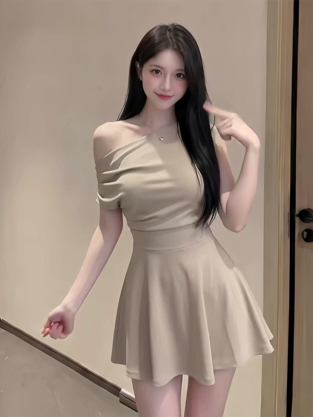 2026夏季新款韩版连衣裙女斜肩露肩收腰显瘦纯色性感百搭气质裙子