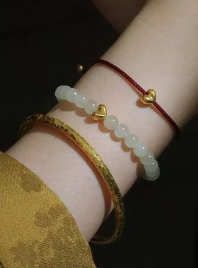 新中式国风手链女红绳编织手绳优化和田玉女屁桃手串显白叠戴礼物