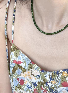 高级显白绿色玉髓项链串珠简约气质轻奢中式叠戴元宝锁骨链女夏天