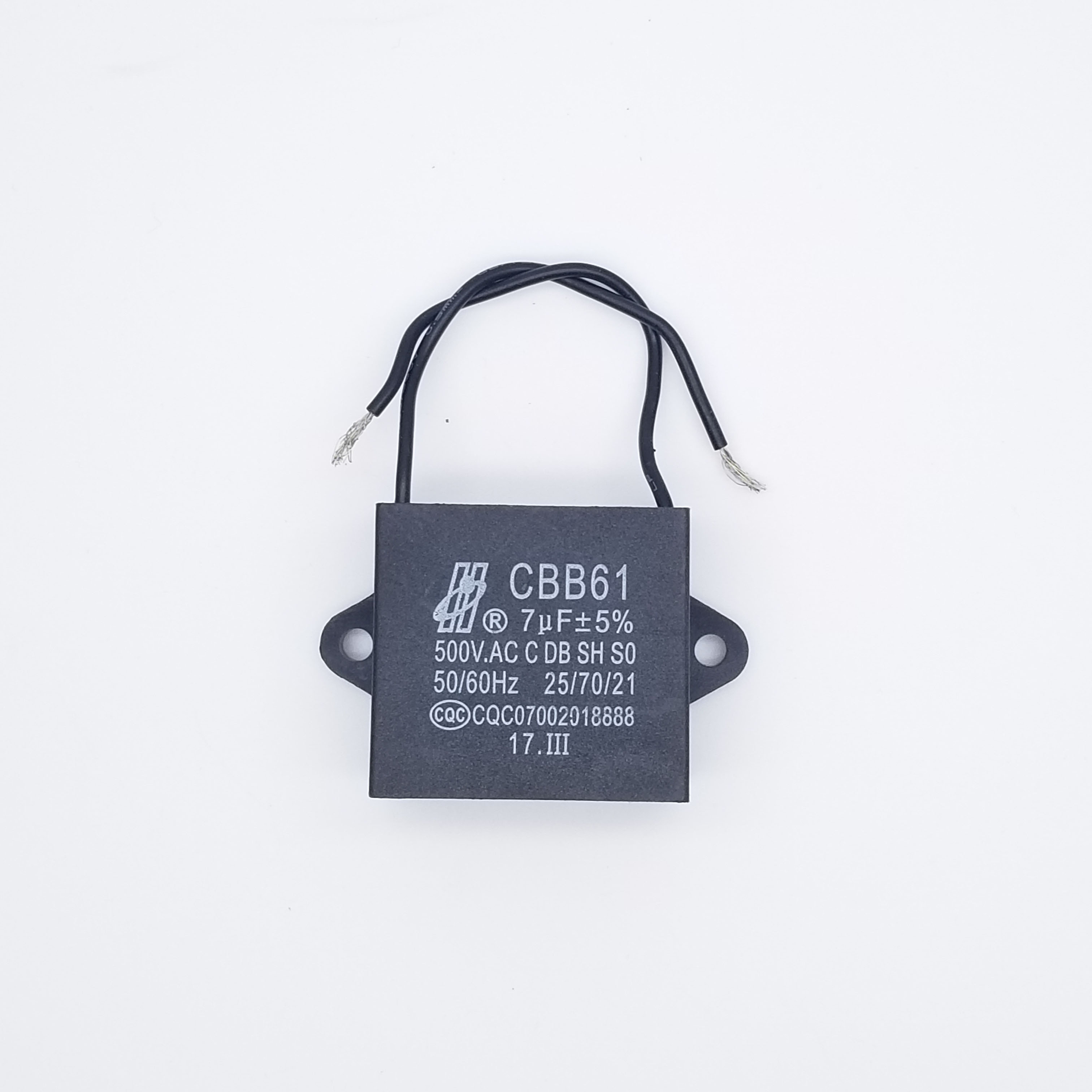 风扇空调电机油烟机启动电容 CBB61 7uF 5% 500VAC 铜线 - 实物图