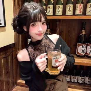 日系秋款清楚系纯欲风蕾丝拼接针织衫毛衣上衣