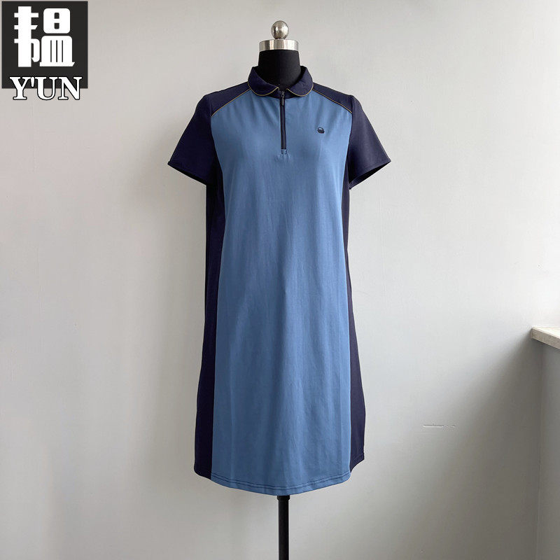 韫yun夏季新女装polo领拉链套头短袖针织拼接连衣裙时尚长裙1277