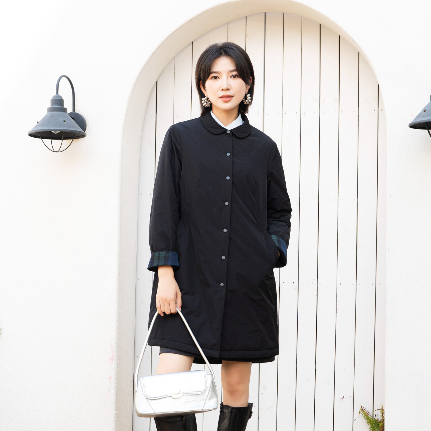 YUN韫2025冬季女装通勤简约风翻领单排扣中长款棉服韩版夹棉外套