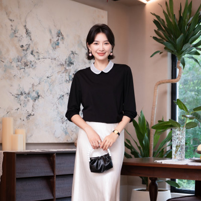 秋季新女装欧根纱领黑色长袖T恤