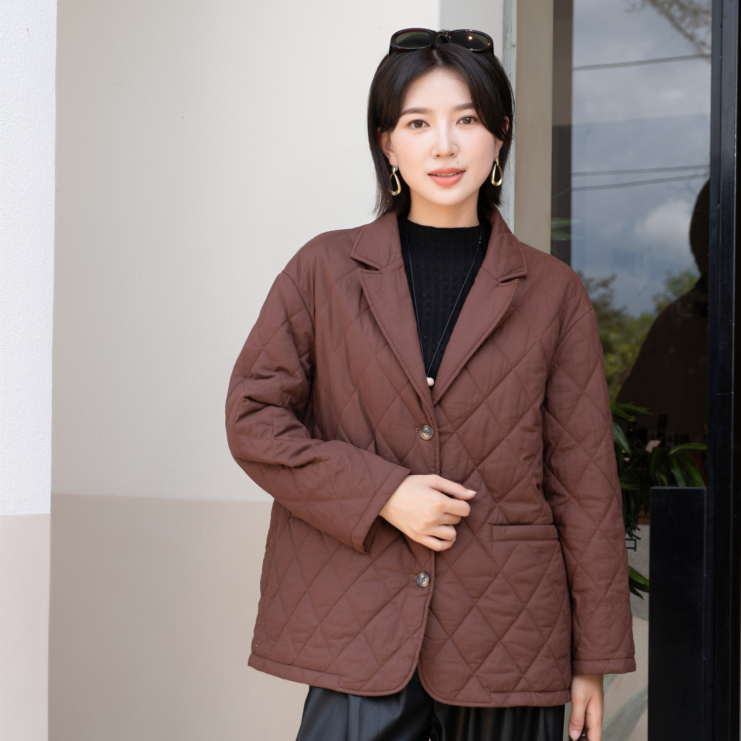 冬季新品女装西装领长袖短款棉衣