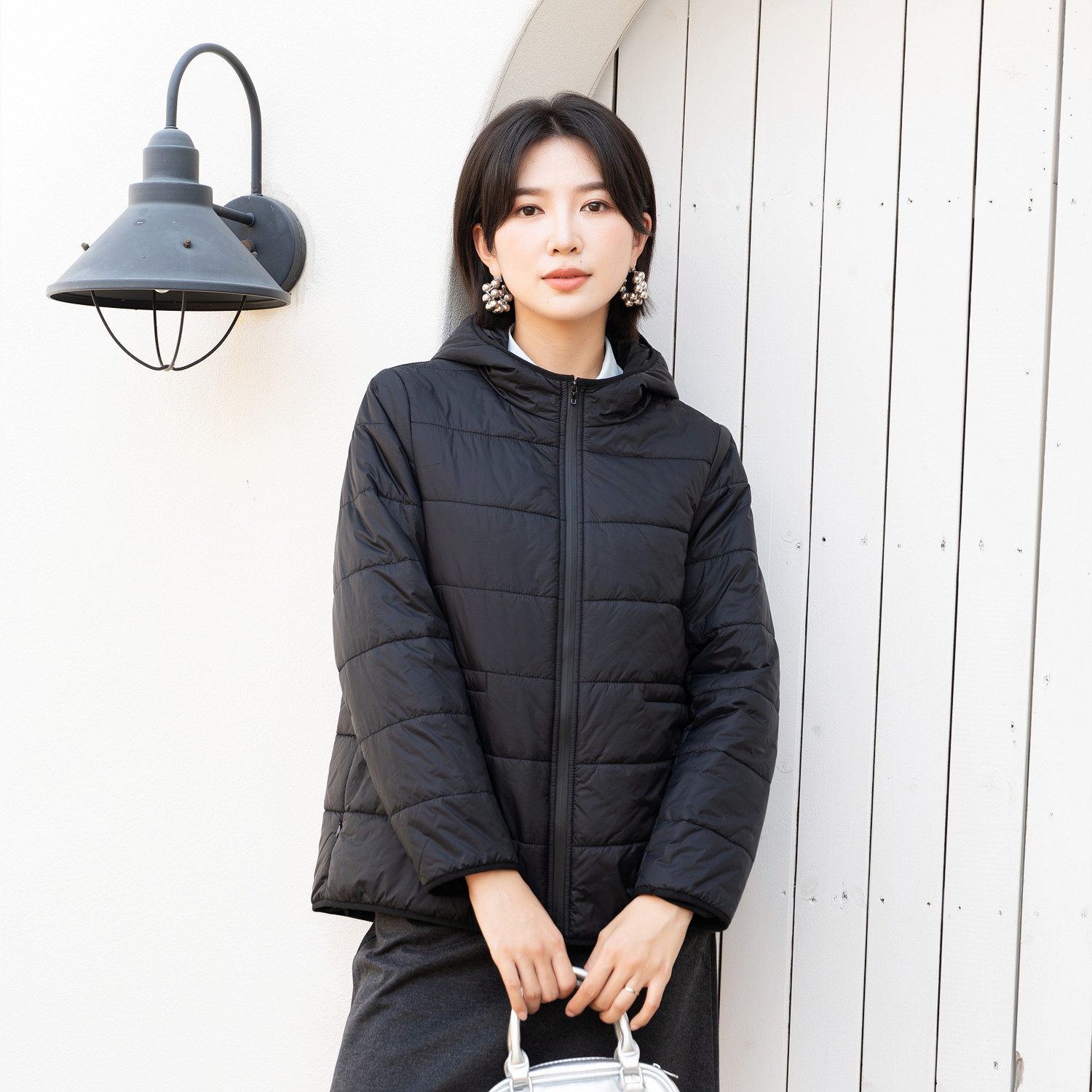 冬季新品女装连帽长袖直筒棉服