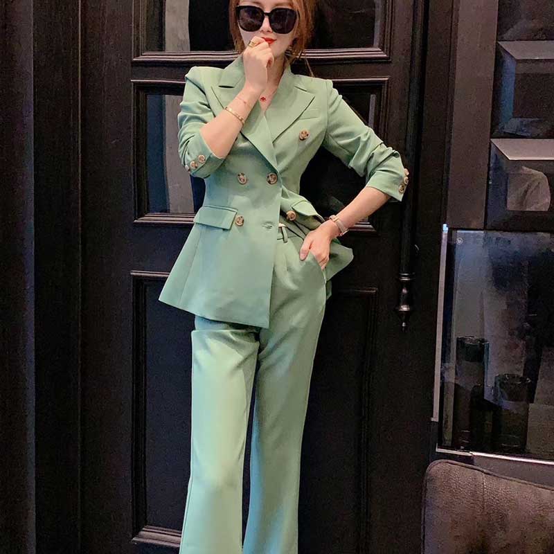 2021秋冬小西装套装女气质修身御姐范双排扣显瘦梭织长袖减龄包邮