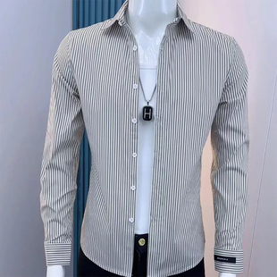 衬衫 长袖 时尚 韩版 条纹显瘦气质休闲百搭潮牌薄衬衣男 新款 修身 男士