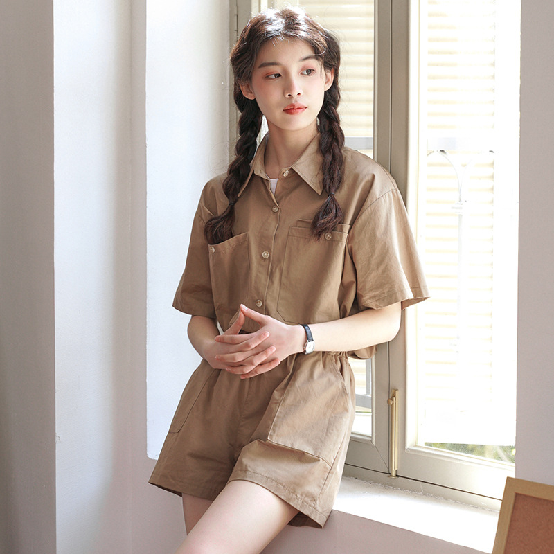 2025新款日系短裤夏易菲女装粉色工装套装女小个子收腰显瘦小众