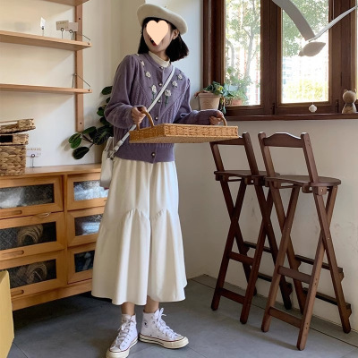 白色冬季高腰显瘦a字长裙子中长款丝绸伞裙加厚半身裙小个子百搭