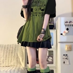 上衣 甜美风气质时尚 简约撞色插肩T恤女夏季 新款 小众可爱印花短袖