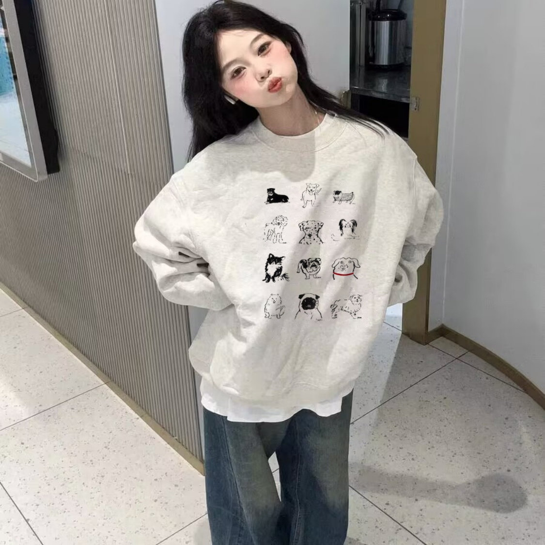 简约通勤韩系高级感百搭宽松卫衣女冬季加绒保暖长袖圆领可爱上衣