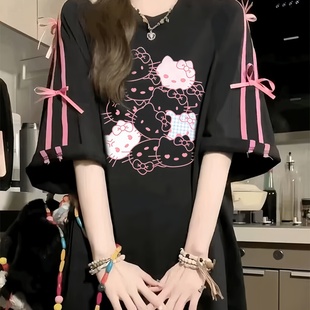 T恤女夏季 甜美气质纯棉蝴蝶结短袖 简约可爱凯蒂猫印花学院风上衣