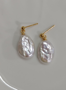 12x17mm椭圆纽扣珍珠耳坠(银配)