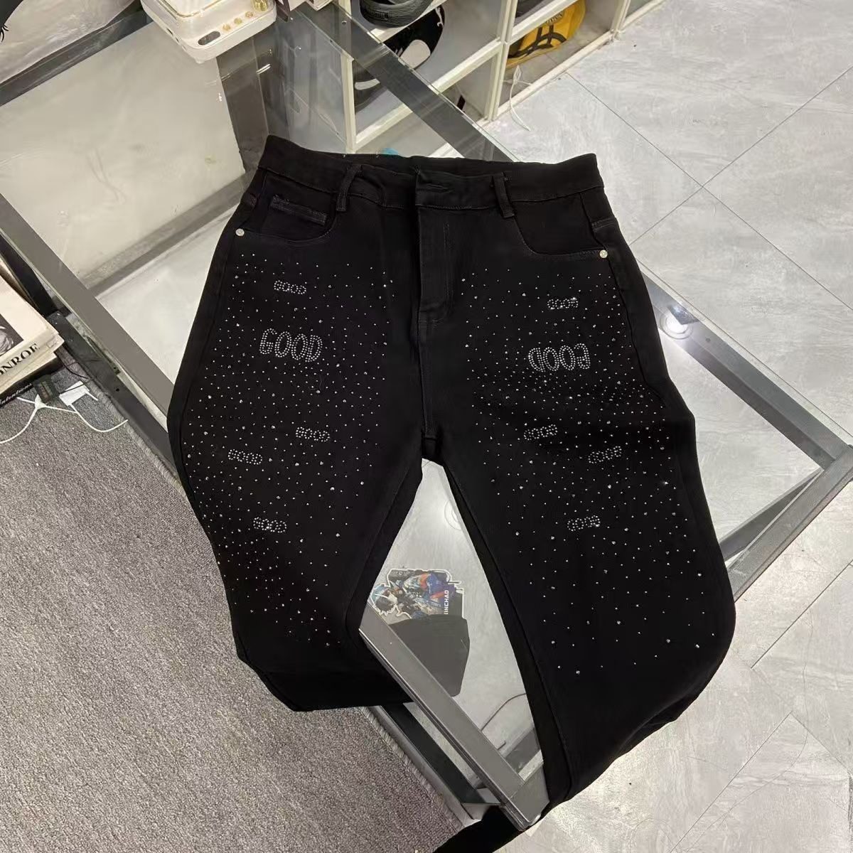 潮牌痞帅GOOD烫钻裤子男网红黑色复古修身百搭休闲直筒牛仔裤子男