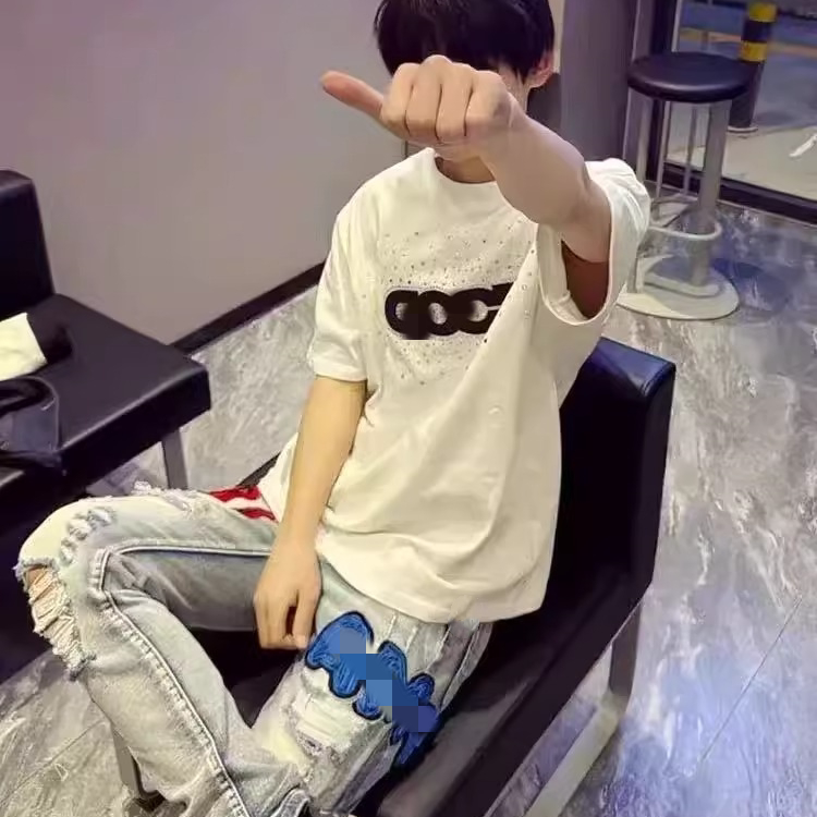 夏季纯棉网红同款潮流缤纷糖果烫钻短袖男女宽松GOOD情侣T恤半袖