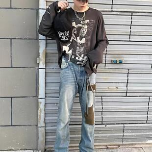 现货erd24fw忧郁的富二代布贴破坏灯芯绒泼墨刺绣微喇牛仔裤男女