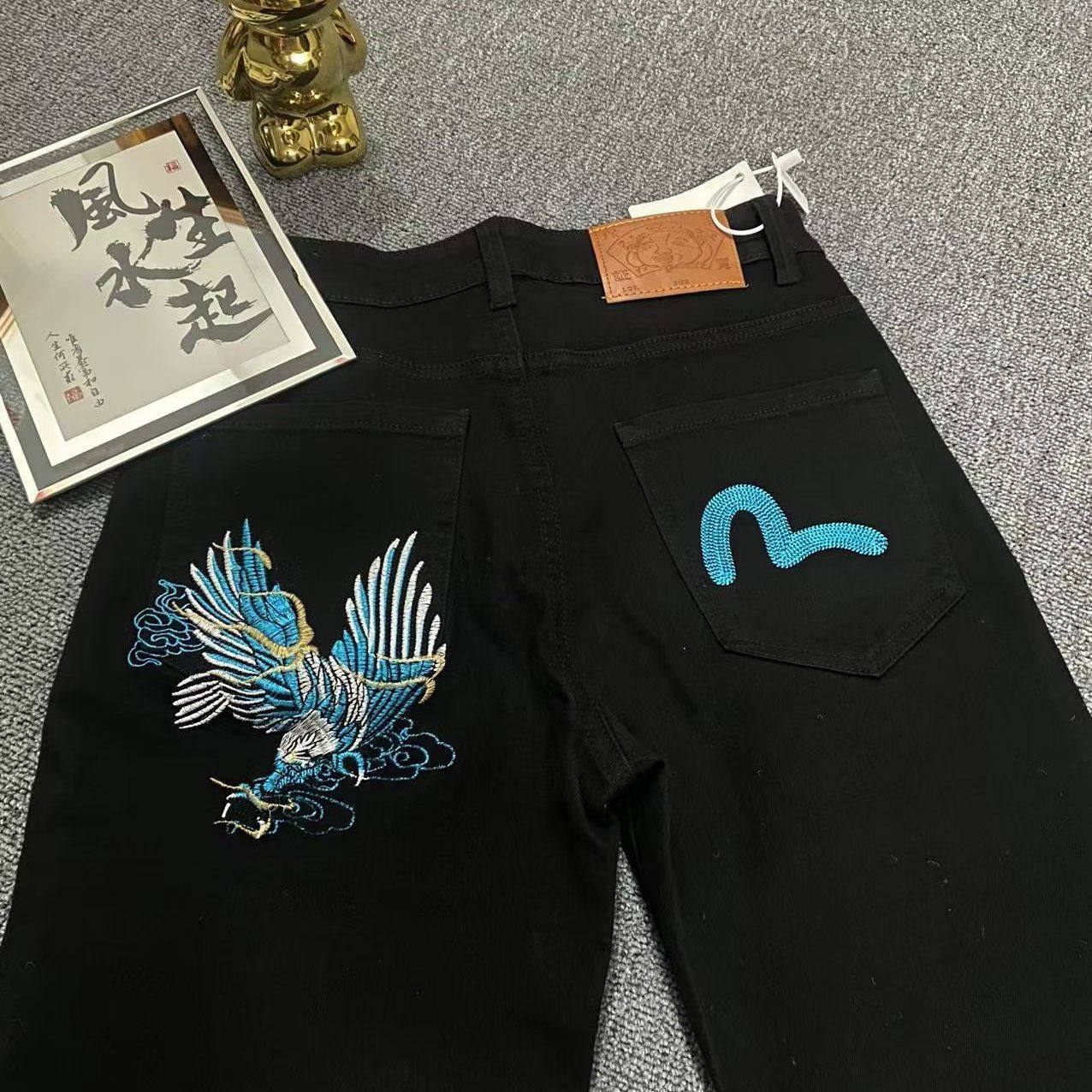 牛仔裤新款黑色修身福家潮牌老鹰直筒小脚网红同款帅气轻奢裤子男