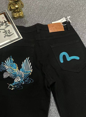 牛仔裤新款黑色修身福家潮牌老鹰直筒小脚网红同款帅气轻奢裤子男