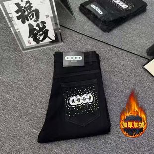 帅气百搭小直筒裤 网红同款 时尚 修身 烫钻字母Good新潮牌黑色牛仔裤