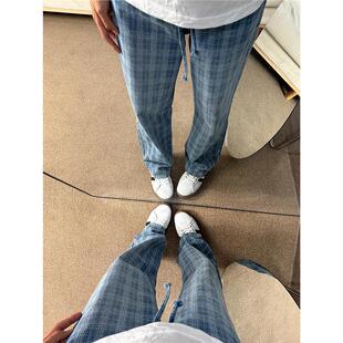 蓝色格子美式复古牛仔裤男款痞帅高街vibe高级感宽松直筒微喇裤子