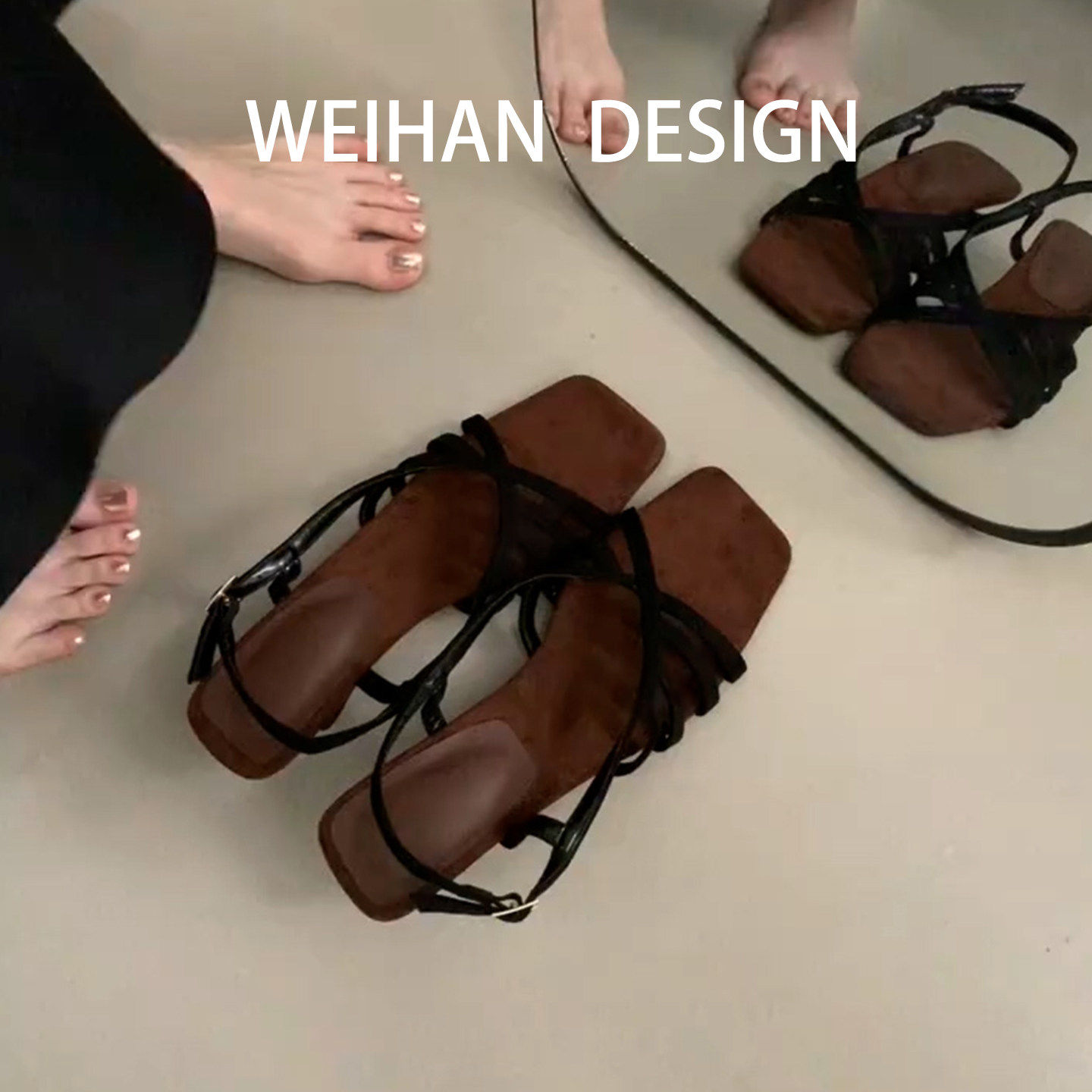 羊皮版！法式复古方头坡跟罗马凉鞋女交叉绑带夏外穿一字扣带凉拖